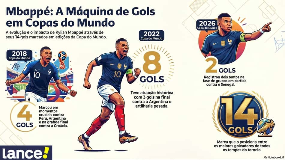 Gráfico mostra os 14 gols de Kylian Mbappé em Mundiais (Reprodução)