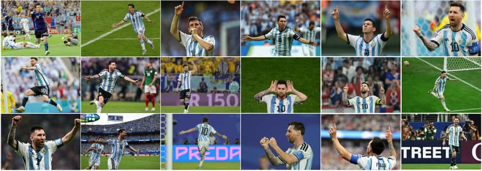 Montagem mostra os 18 gols de Messi em Copas (Fotos; AFP)