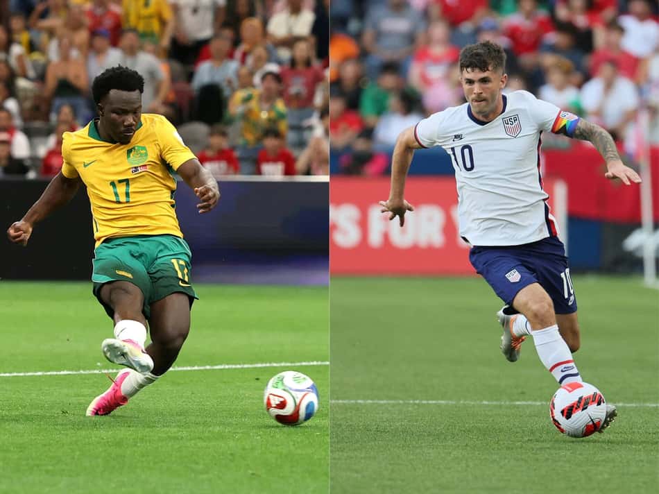 Nestory Irankunda e Christian Pulisic, respectivas referências de Austrália e Estados Unidos