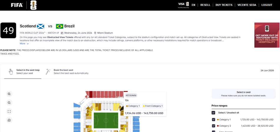 Bilhete para Escócia x Brasil no site oficial de revenda da Fifa chega a ser oferecido por US$ 143.750,00 (Reprodução)