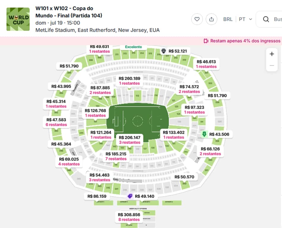 Valores de entradas para final da Copa do Mundo oferecidos em mercado paralelo (reprodução do site Viagogo.com)