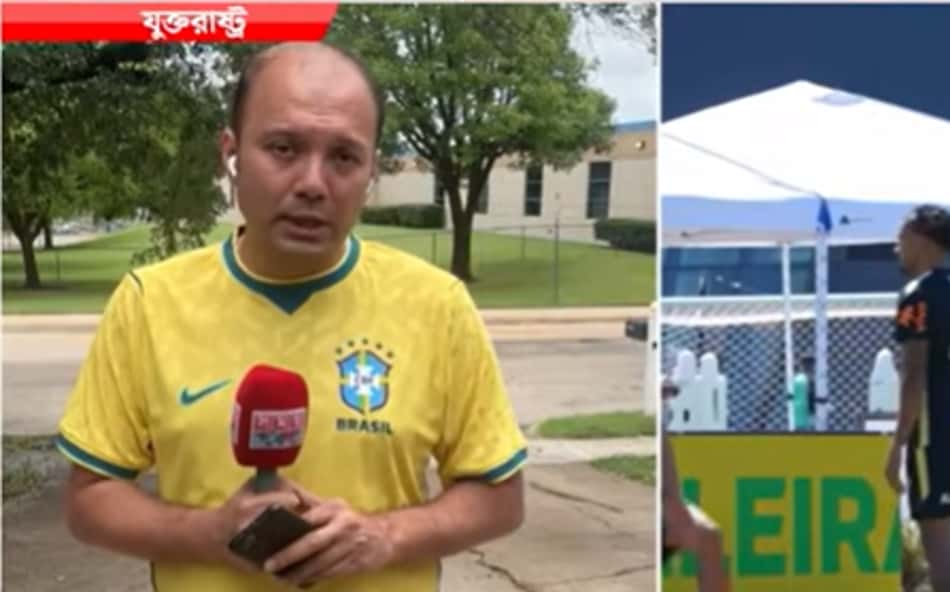 Jornalista de Bangladesh com camisa do Brasil