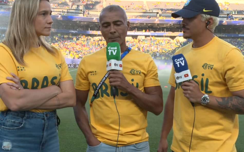 Fernanda Gentil, Romário e Chico Moedas durante a transmissão do pré-jogo entre Brasil e Haiti. (Foto: Reproduçã)