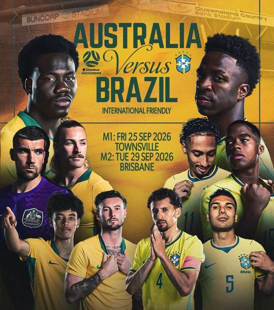 Cartaz anuncia amistosos entre Brasil x Austrália após a Copa do Mundo