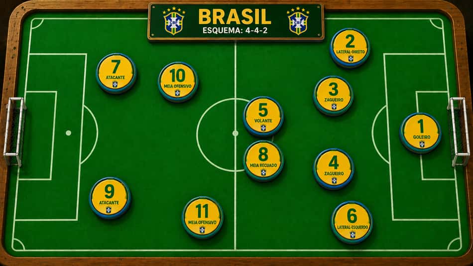 Dividimos os jogadores em um 4-4-2 lúdico, com a finalidade de igualar jogadores em diferentes esquemas táticos da Seleção Brasileira nas Copas (Foto: Arte Lance!/ChatGPT)