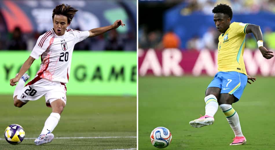 Combinação de fotos mostra o meio-campista Takefusa Kubo, do Japão, (à esquerda); e o atacante Vinicius Junior, do Brasil, (à direita)