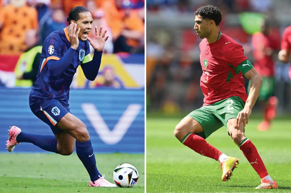 Combinação de fotos mostra o zagueiro Virgil van Dijk, da Holanda, e o lateral-direito Achraf Hakimi, do Marrocos