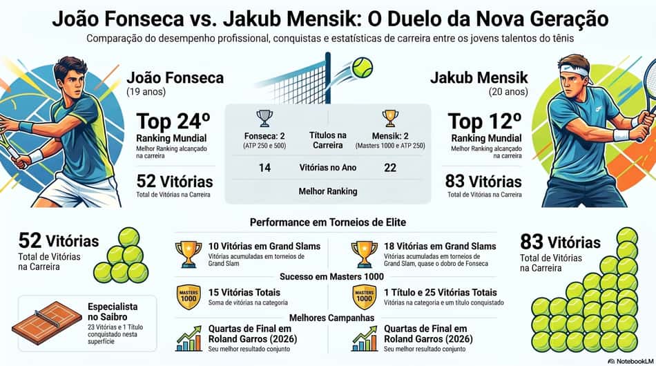 Gráfico mostra números das carreiras de João Fonseca e do tcheco Jakub Mensik (Reprodução)