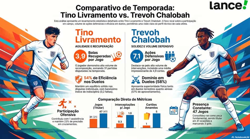 Comparativo de Tino Livramento e Trevoh Chalobah (Arte: NoorbookLM)