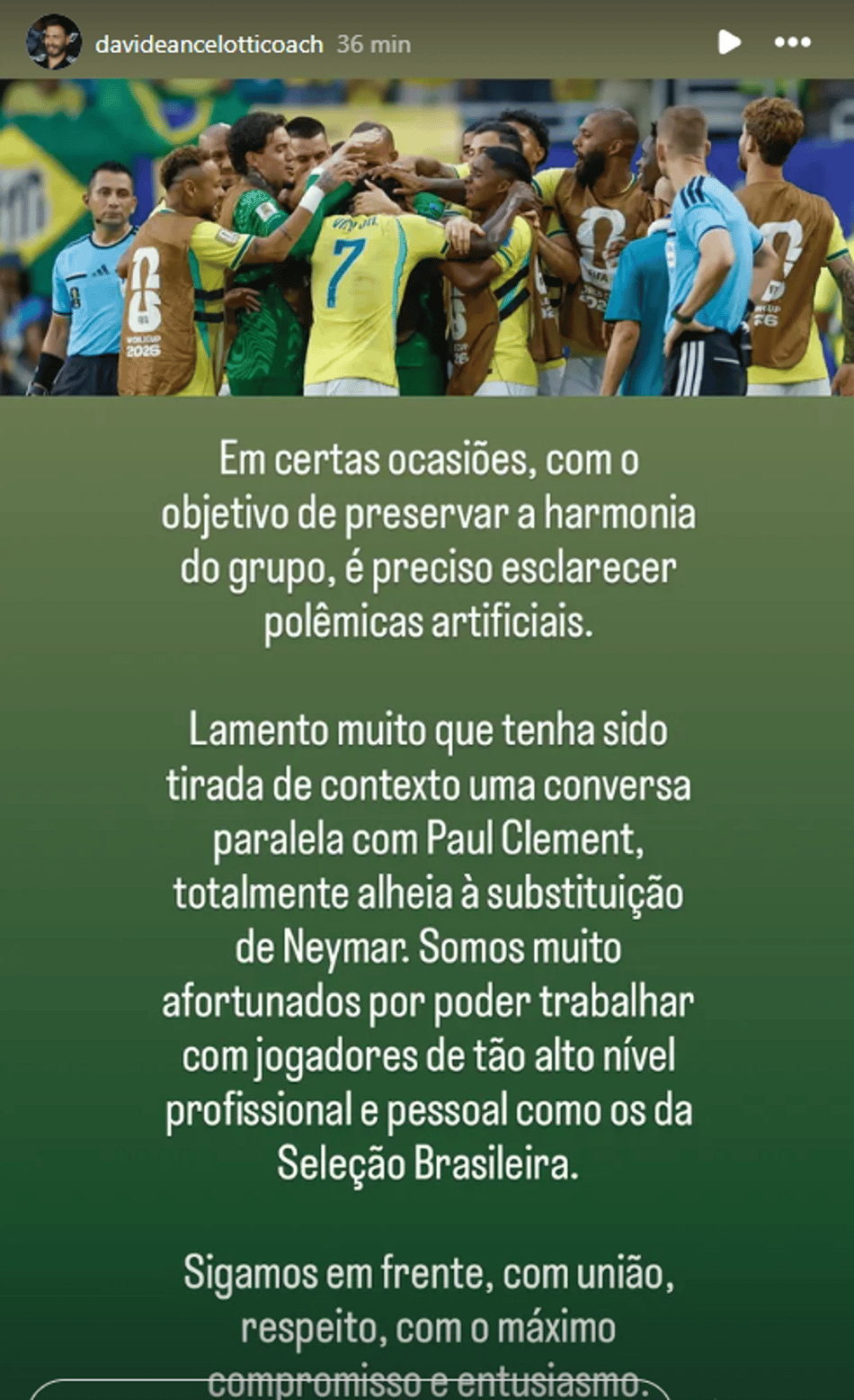 Postagem de Davide Ancelotti negando polêmica envolvendo entrada de Neymar contra a Escócia
