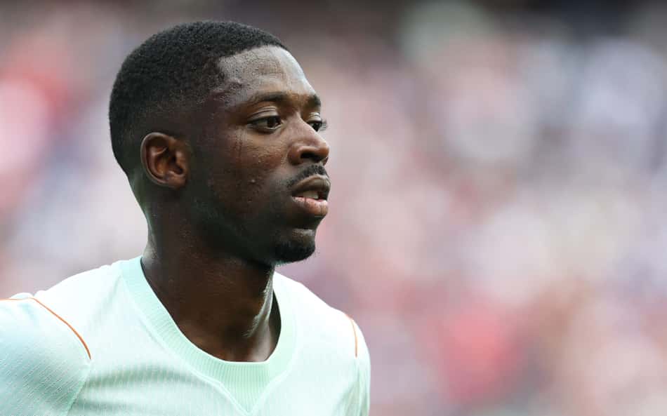 O atacante da França, Ousmane Dembélé (nº 07), reage durante a partida de futebol contra a Noruega pelo Grupo I da Copa do Mundo de 2026, no Boston Stadium, em Foxborough (Foto: Franck Fife / Afp)