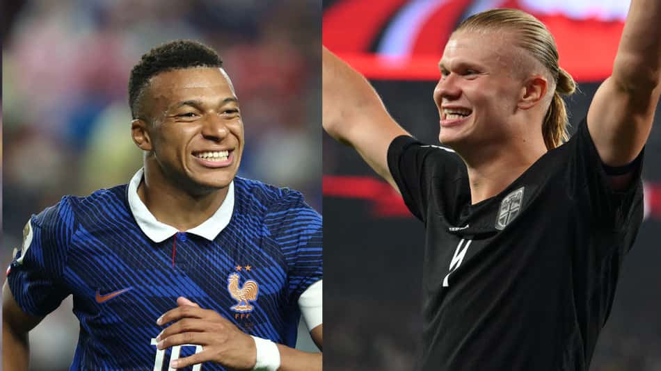 Messi, Mbappé e Haaland comemorando gol