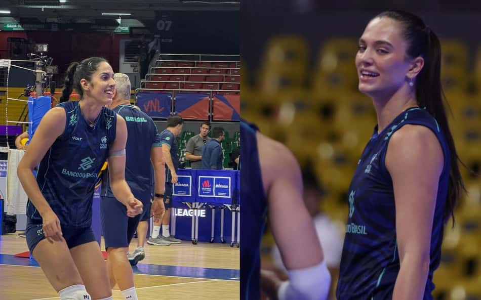 Diana e Julia Kudiess em treino da Seleção na véspera da VNL (Fotos: Andressa Simões/ Lance! e Divulgação/ CBV)