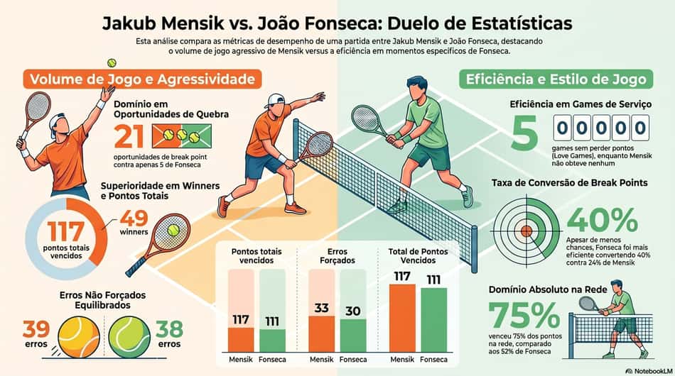 Gráfico mostra números da partida entre Jakub Mensik e João Fonseca em Roland Garros (Reprodução)