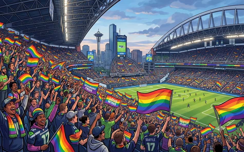 Torcedores poderão levar bandeiras com referência ao movimento LGBTQIA+ ao Lumen Field, em Seattle (Imagem gerada por IA)