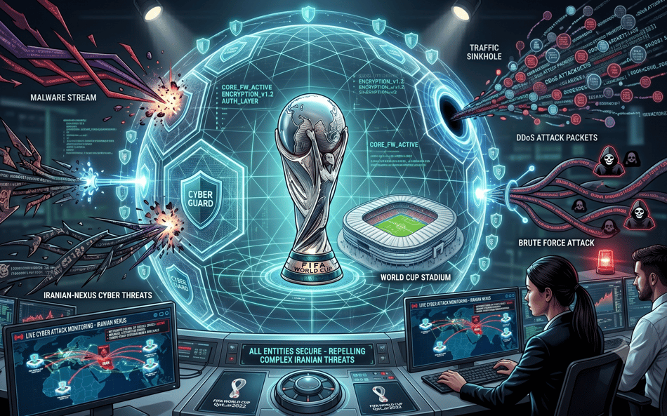 Ilustração feita por IA sobre ameaças cibernéticas à Copa do Mundo (Imagem gerada por IA)