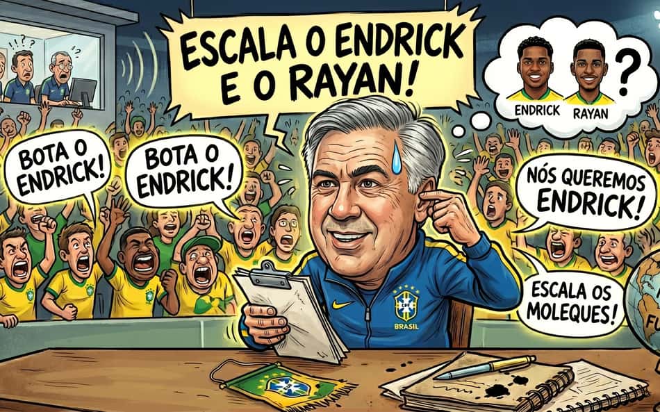 Ilustração gerada por IA mostra Carlo Ancelotti pressionado para escalar Endrick e Rayan (Imagem gerada por IA)