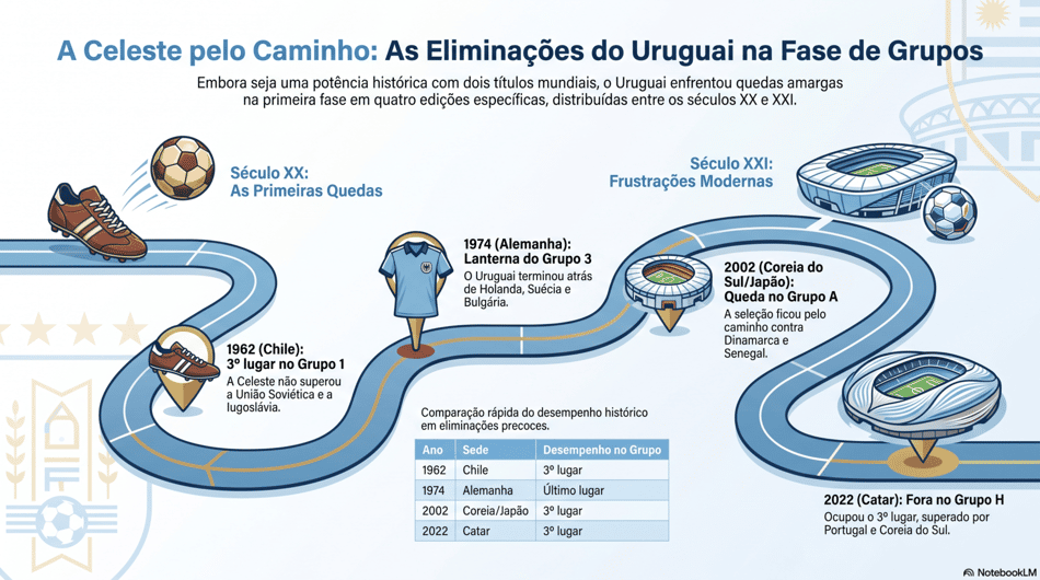 Gráfico mostra as primeiras eliminações do Uruguai na primeira fase da Copa