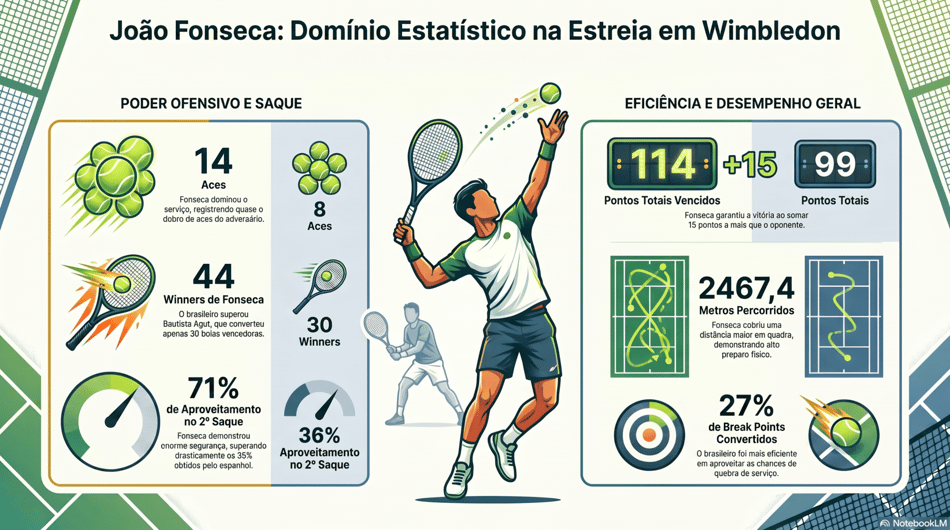Gráfico mostra números da vitória de João Fonseca na estreia em Wimbledon