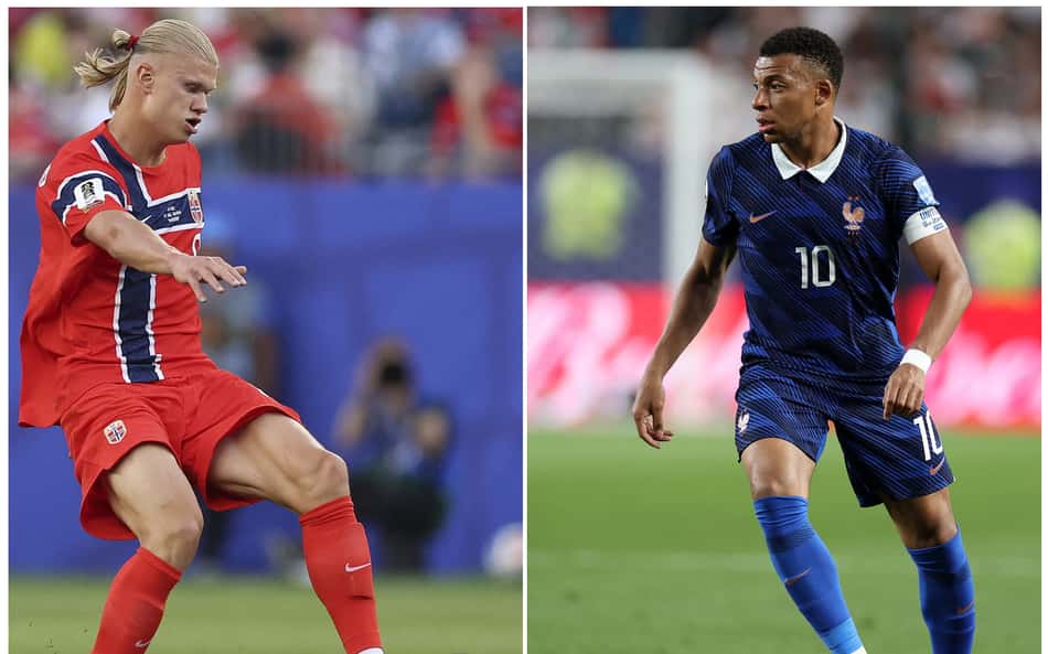 Haaland e Mbappé em ação na Copa do Mundo (Foto: Mattia Ozbot and Dan MULLAN / GETTY IMAGES NORTH AMERICA / AFP)