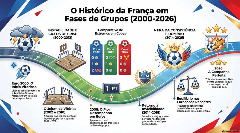 Gráfico mostra trajetória da França na fase de grupos de grandes torneios desde 1998