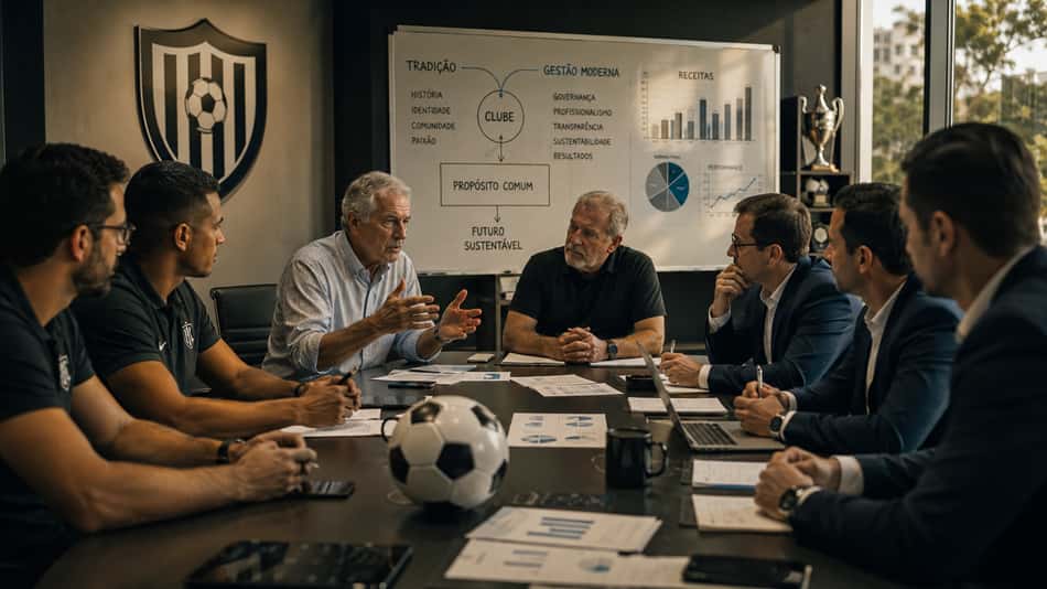 Homens gestores fazem reunião com bola em cima da mesa