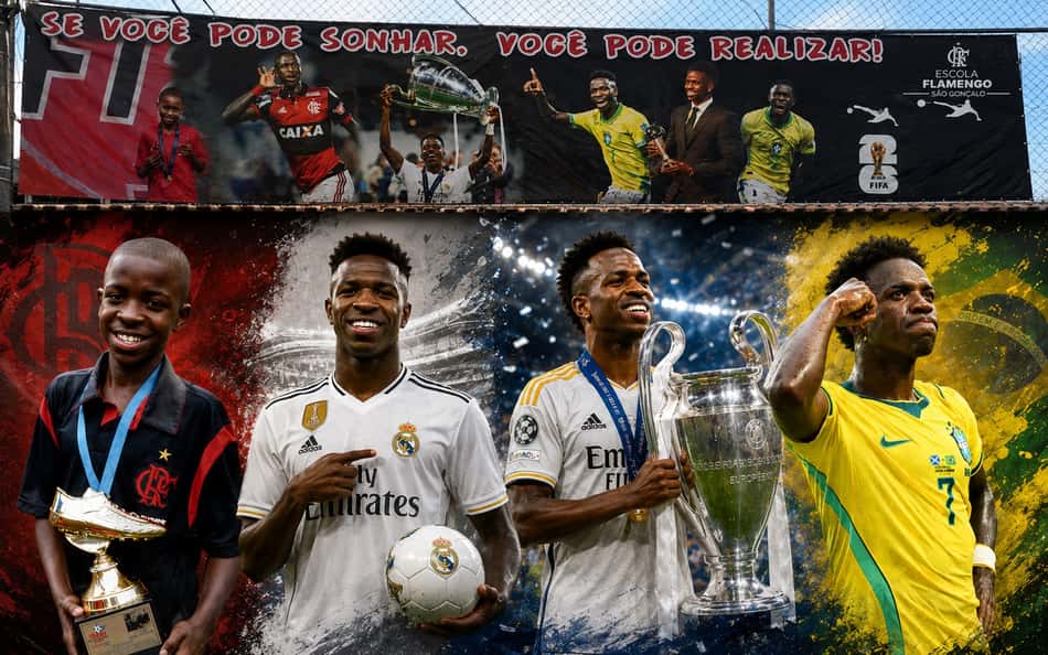 Imagens da carreira de Vini Jr, desde o começo no Flamengo, até a chegada no Real Madrid e a Copa do Mundo de 2026