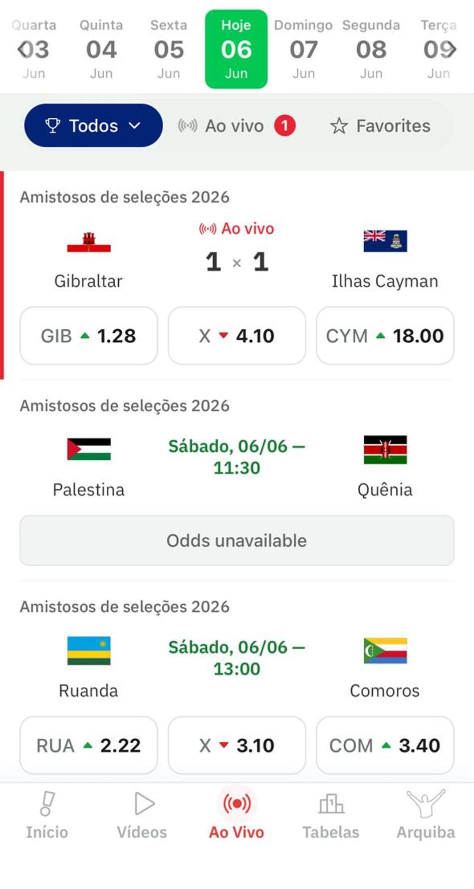 Página do aplicativo do Lance! com os jogos, informações de data, eventos, tabela e notícias