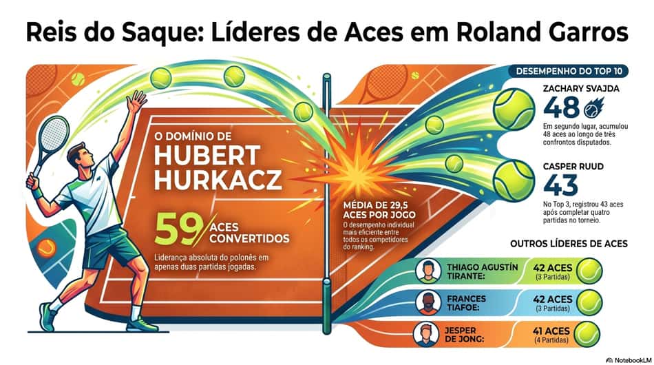 Gráfico mostra os líderes de aces em Roland Garros (Reprodução)