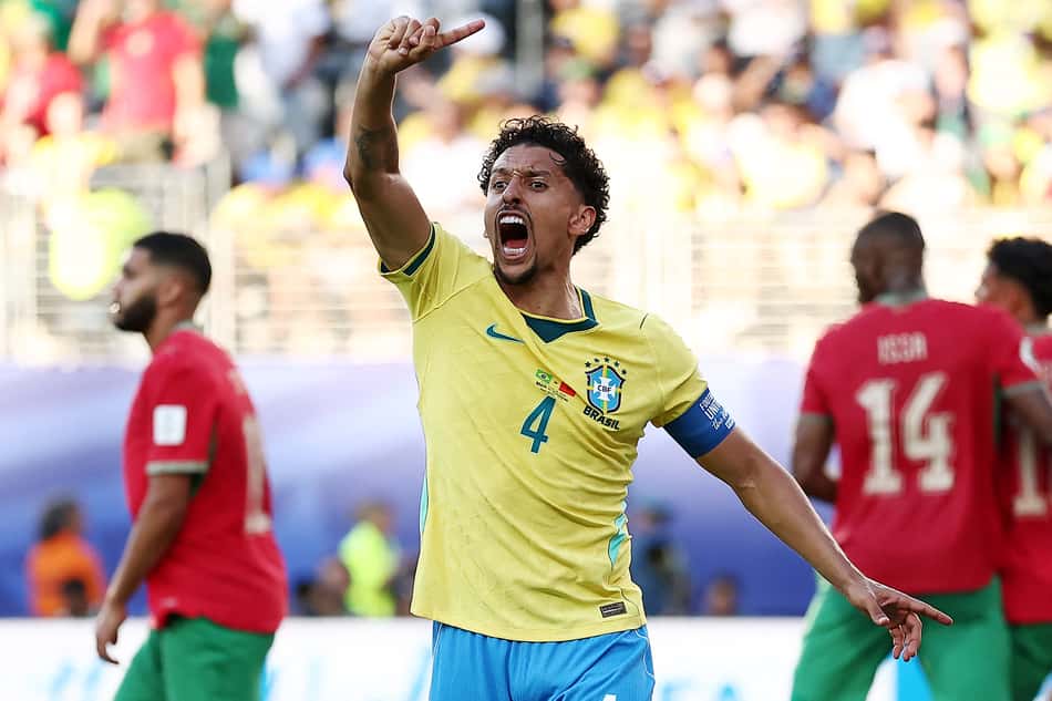 Marquinhos em ação em Brasil x Marrocos na Copa do Mundo 2026