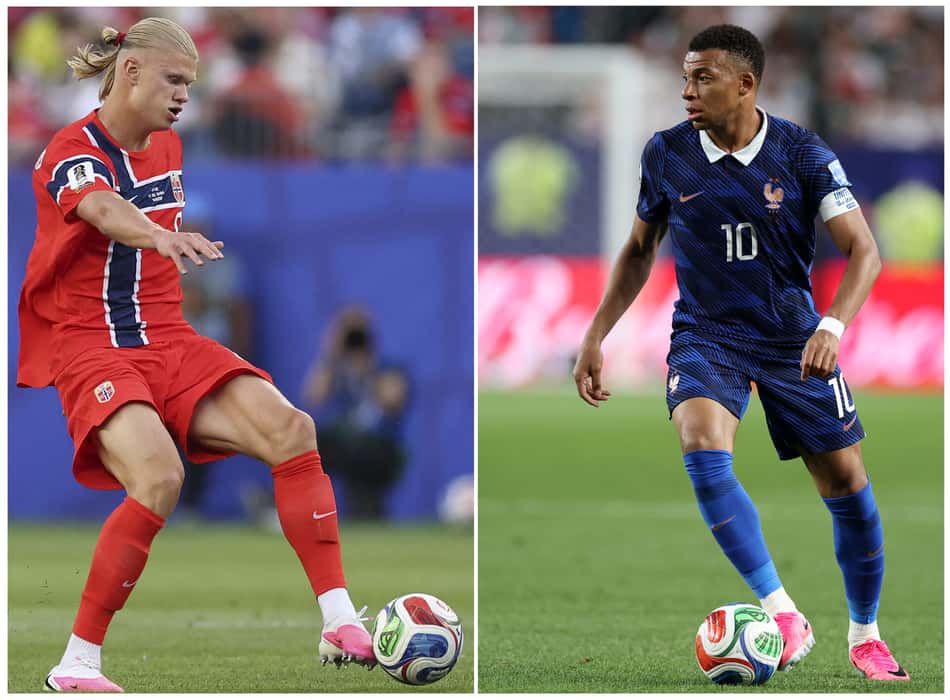 Foto combinada entre Haaland e Mbappé, em duelos válidos pela Copa do Mundo