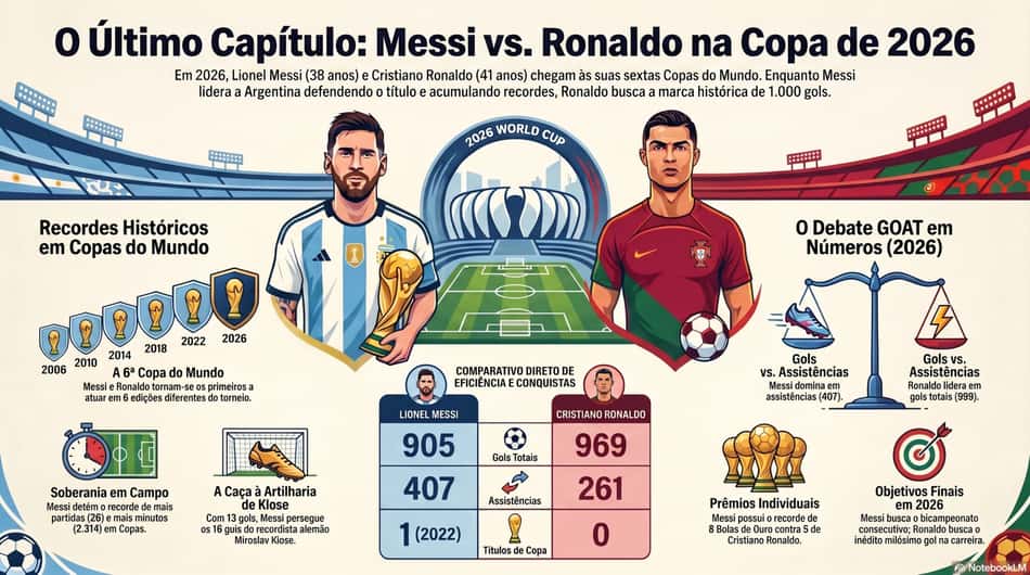 Gráfico mostra feitos das carreiras de Messi e de Cristiano Ronaldo (Reprodução)