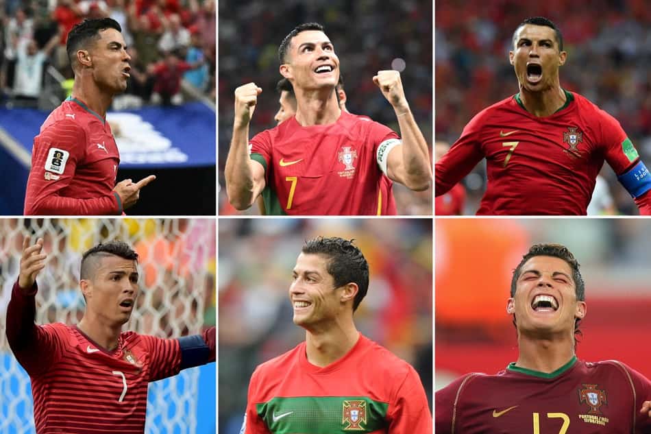 Montagem com os gols de Cristiano Ronaldo em seis Copas do Mundo
