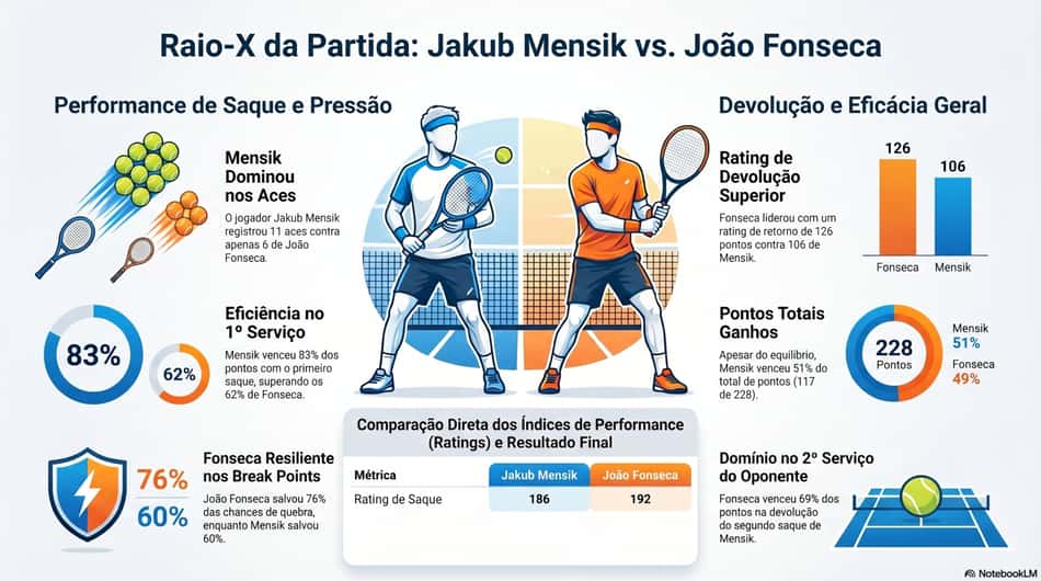 Gráfico mostra números da partida entre Jakub Mensik e João Fonseca em Roland Garros (Reprodução)