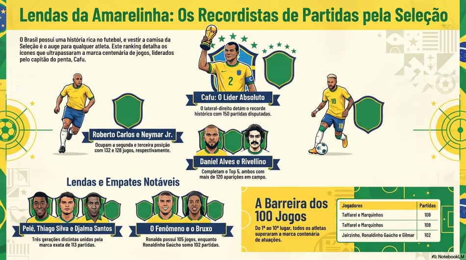 Gráfico mostra recordistas de jogos pela Seleção Brasileira (Reprodução)