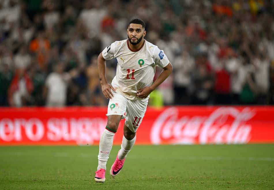 Saibari, do Marrocos, comemorando após bater o pênalti contra a Holanda na Copa do Mundo