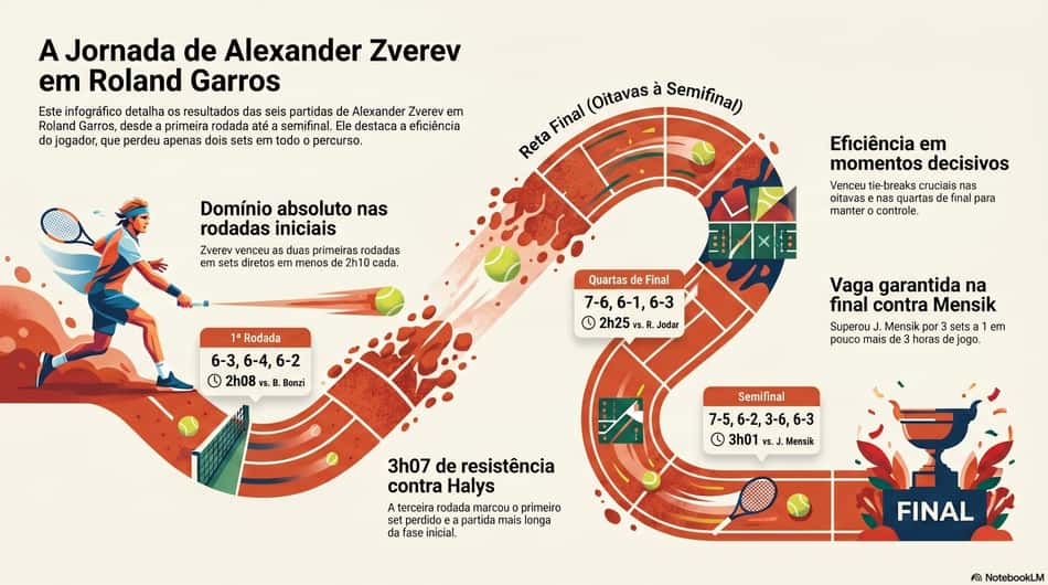 Gráfico mostra a campanha de Alexander Zverev até a final de Roland Garros (Reprodução)