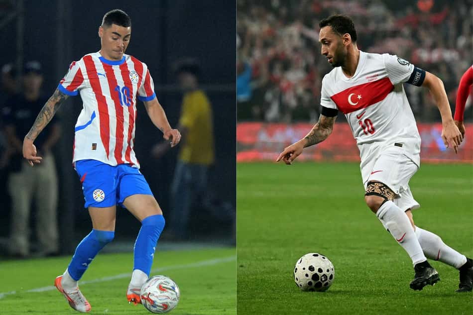 Miguel Almiron e Hakan Calhanoglu, respectivos astros de Paraguai e Turquia