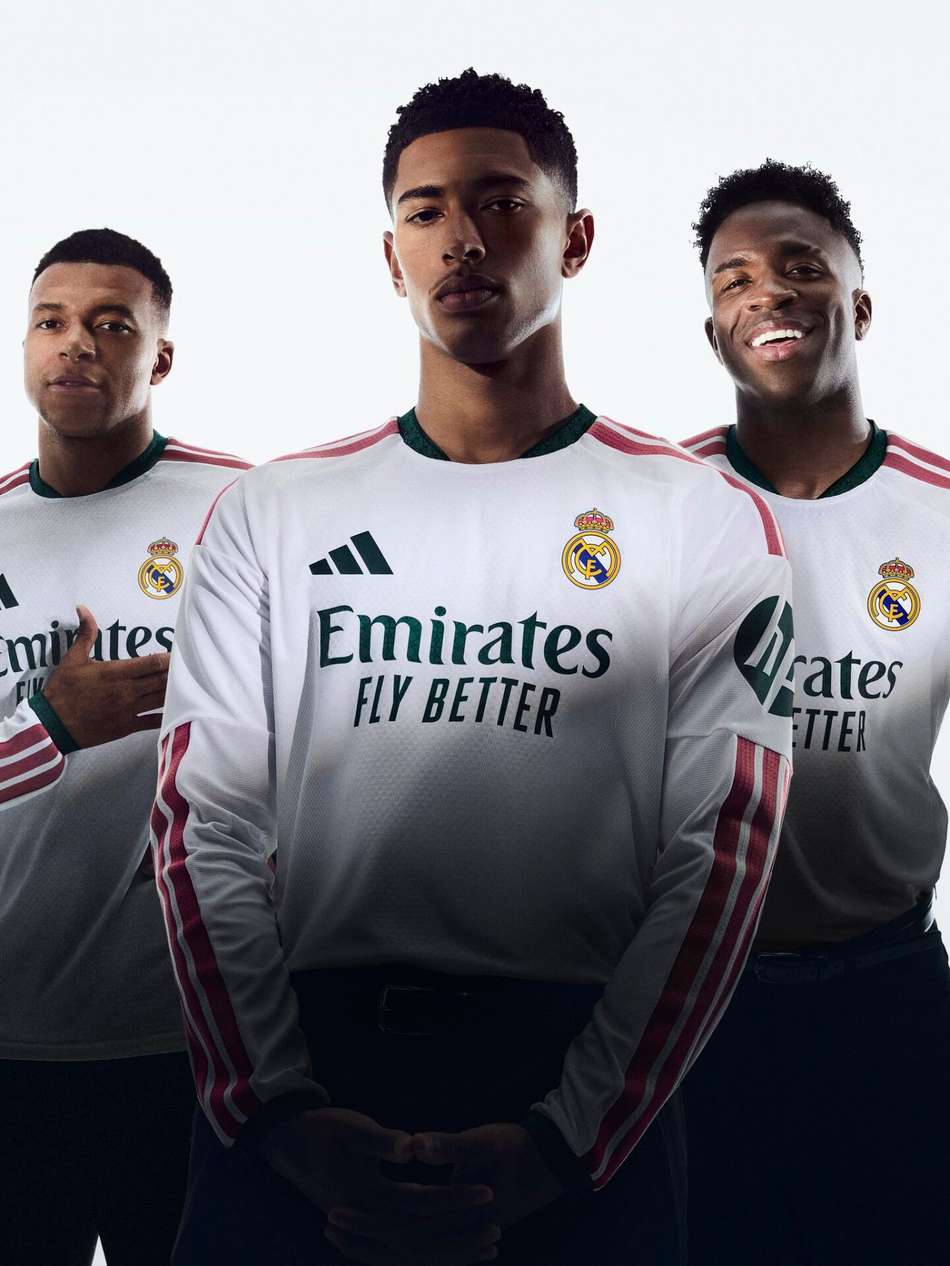 Vini Jr, Mbappé e Bellingham com o novo uniforme do Real Madrid (Foto: Reprodução)
