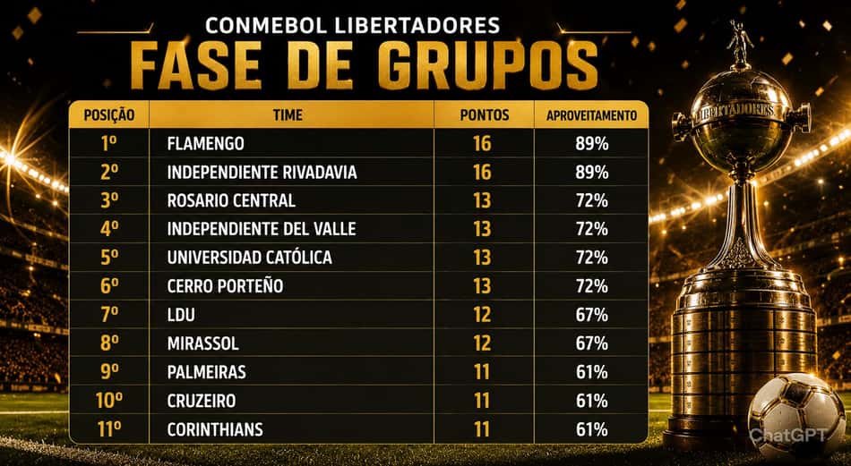 Os primeiros colocados da fase de grupos da Libertadores (Foto: Arte Lance!/Chatgtp)