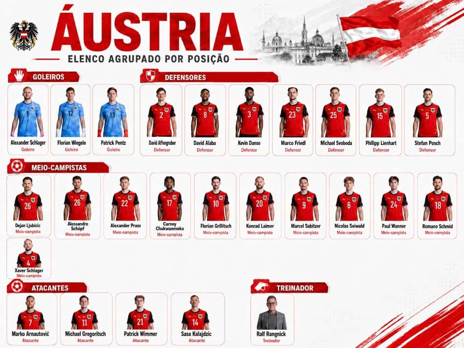 Jogadores e técnico da seleção do Áustria para a Copa do Mundo de 2026