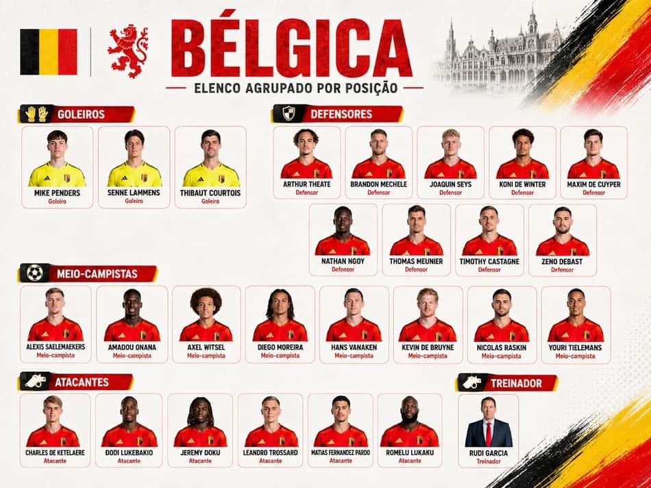 Jogadores e técnico da seleção do Bélgica para a Copa do Mundo de 2026