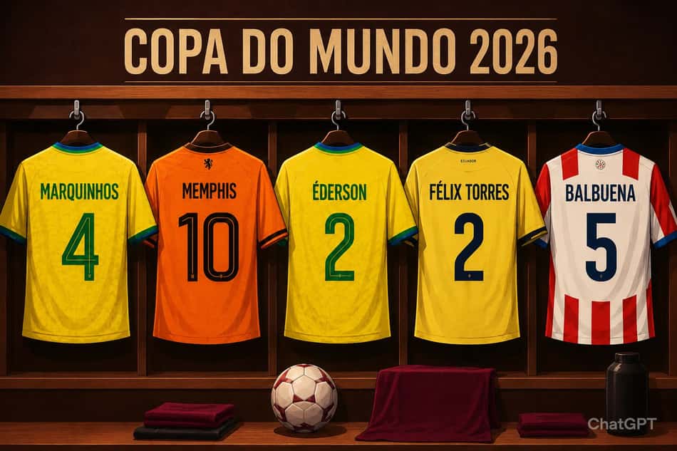 Marquinhos, Memphis Depay, Éderson, Félix Torres e Balbuena (Foto: Arte Lance/ChatGPT)