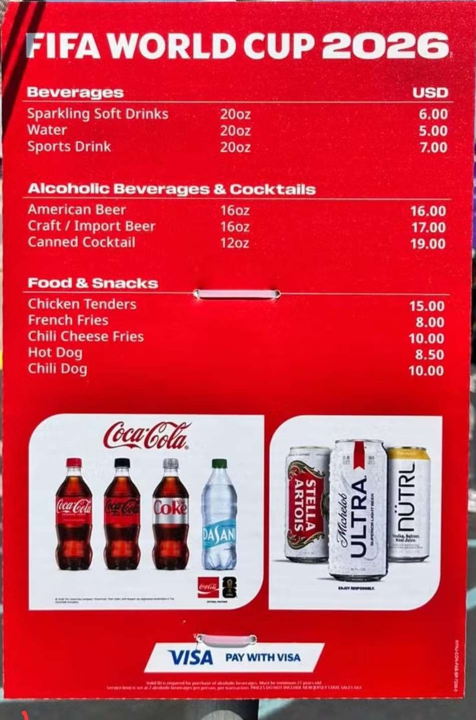 Tabela de preços dos alimentos nos estádios da Copa