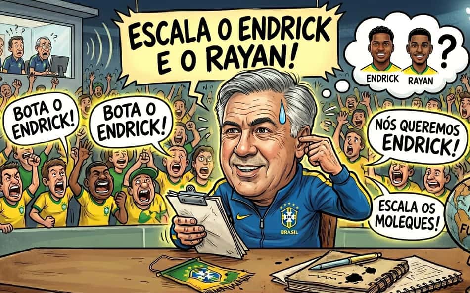 Ilustração com Carlo Ancelotti sorrindo com ao dedo na cabeça com uma prancheta e nomes de Endrick e Rayan