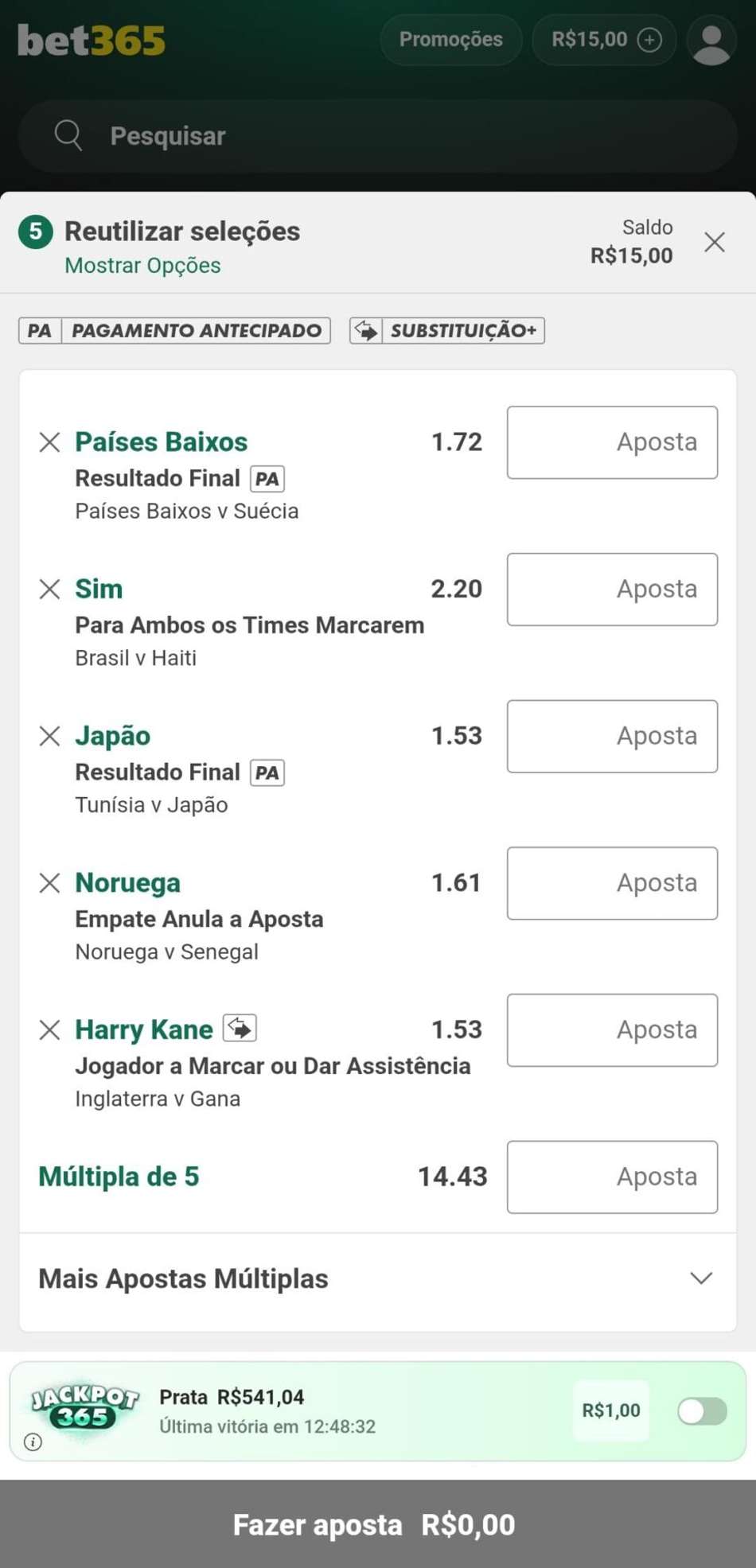 Captura de tela mostrando uma aposta esportiva na bet365.