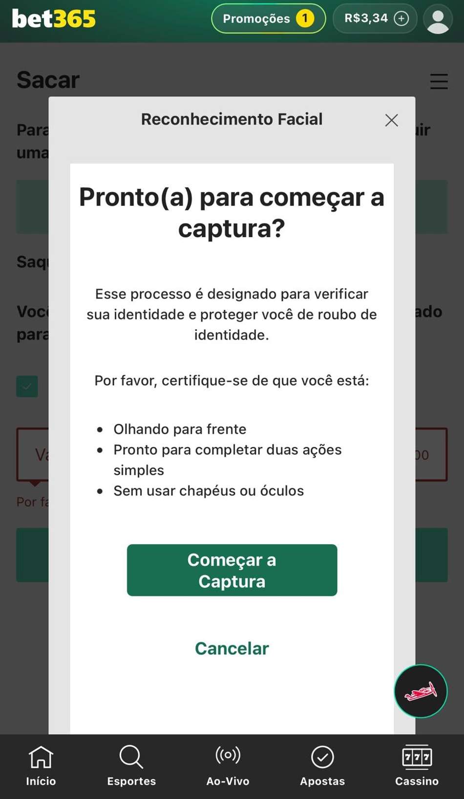 Captura da tela de verificação de identidade na bet365.