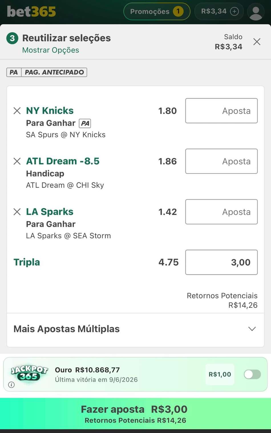 Captura de tela de um bilhete de apostas em basquete na bet365.