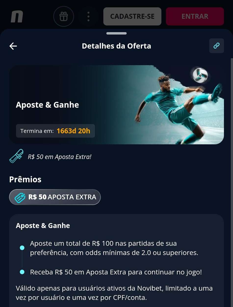 Captura de tela exibe a promoção Aposte e Ganhe da Novibet.
