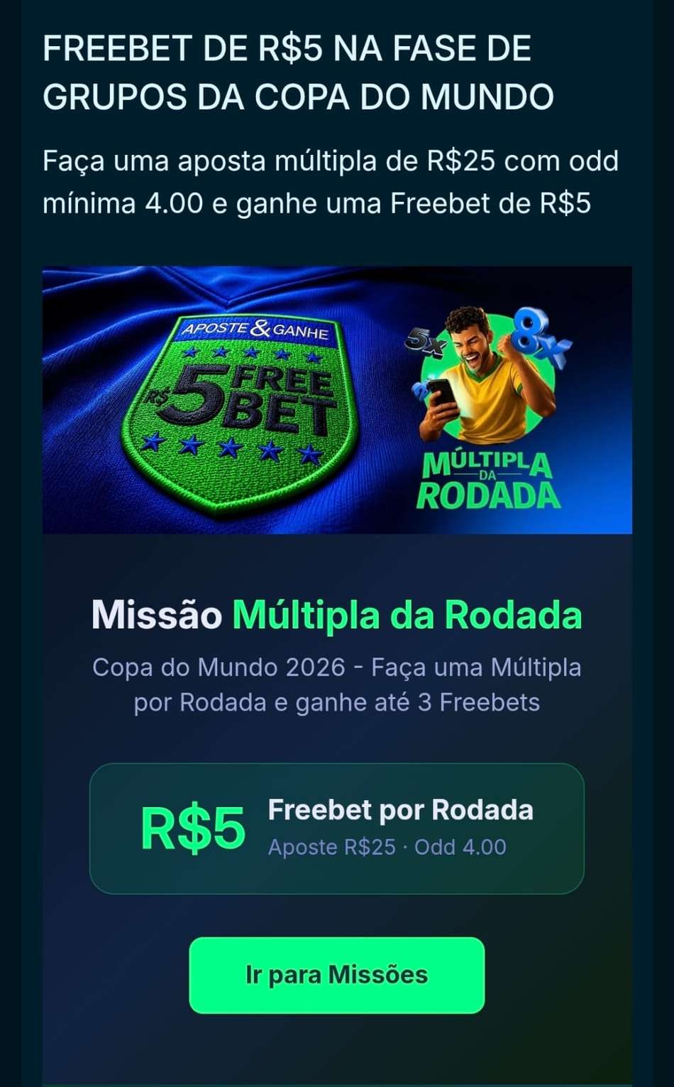 Captura de tela da BandBet mostrando a promoção de apostas grátis para a Copa do Mundo de 2026.